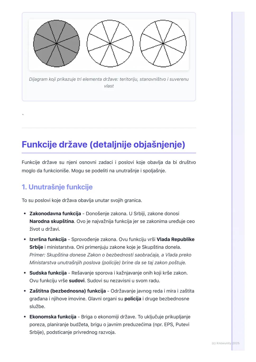 # Država i njene funkcije

## Šta je država?

Država je najvažnija politička organizacija društva. Ona ima vlast na određenoj
teritoriji i n