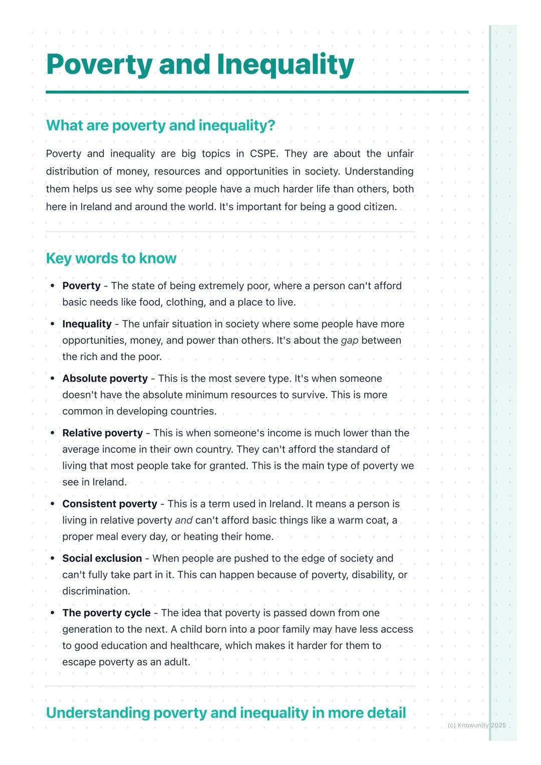 # Poverty and Inequality

## What are poverty and inequality?

Poverty and inequality are big topics in CSPE. They are about the unfair
dist