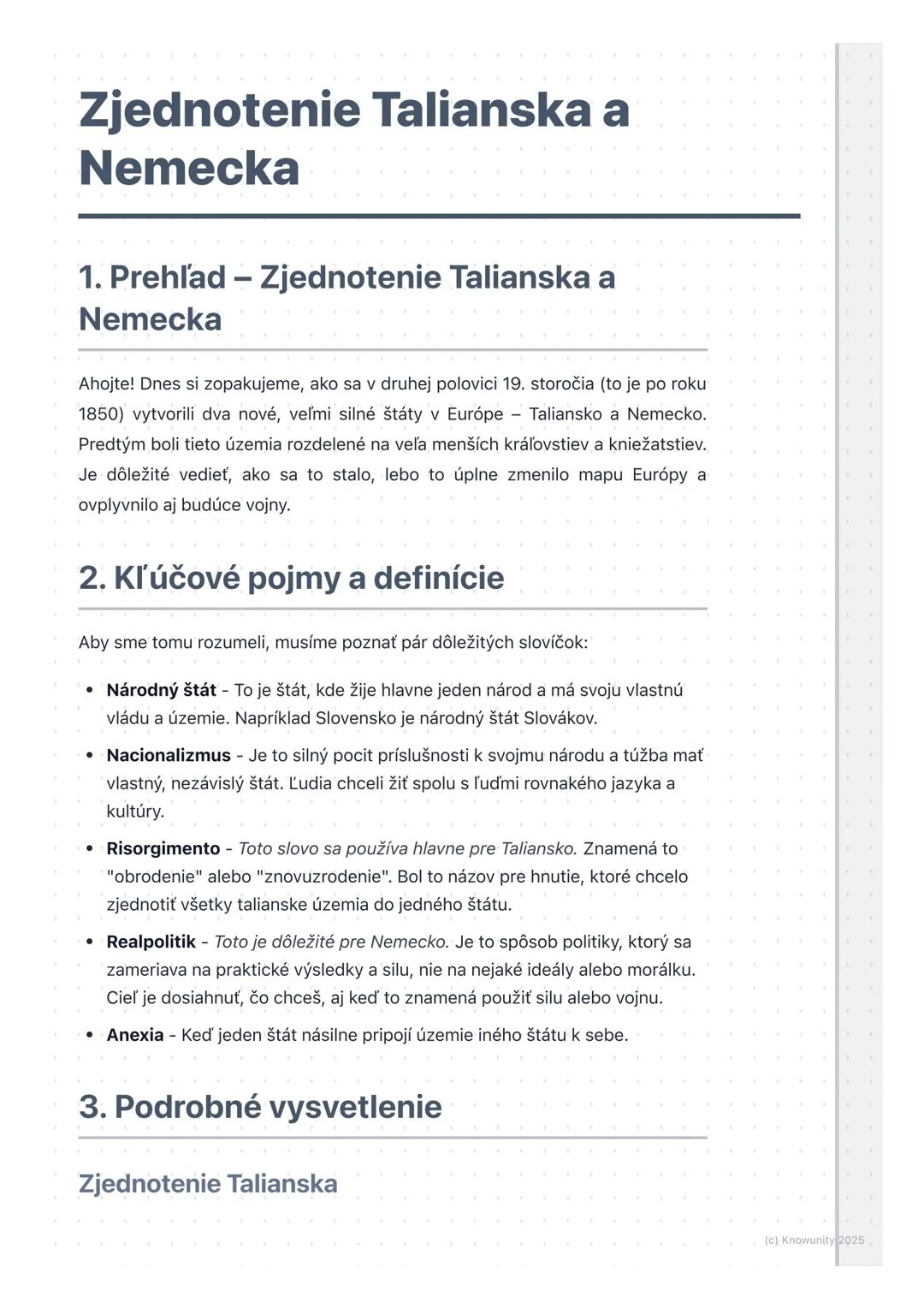 # Zjednotenie Talianska a
Nemecka

1. Prehľad - Zjednotenie Talianska a
Nemecka

Ahojte! Dnes si zopakujeme, ako sa v druhej polovici 19. st