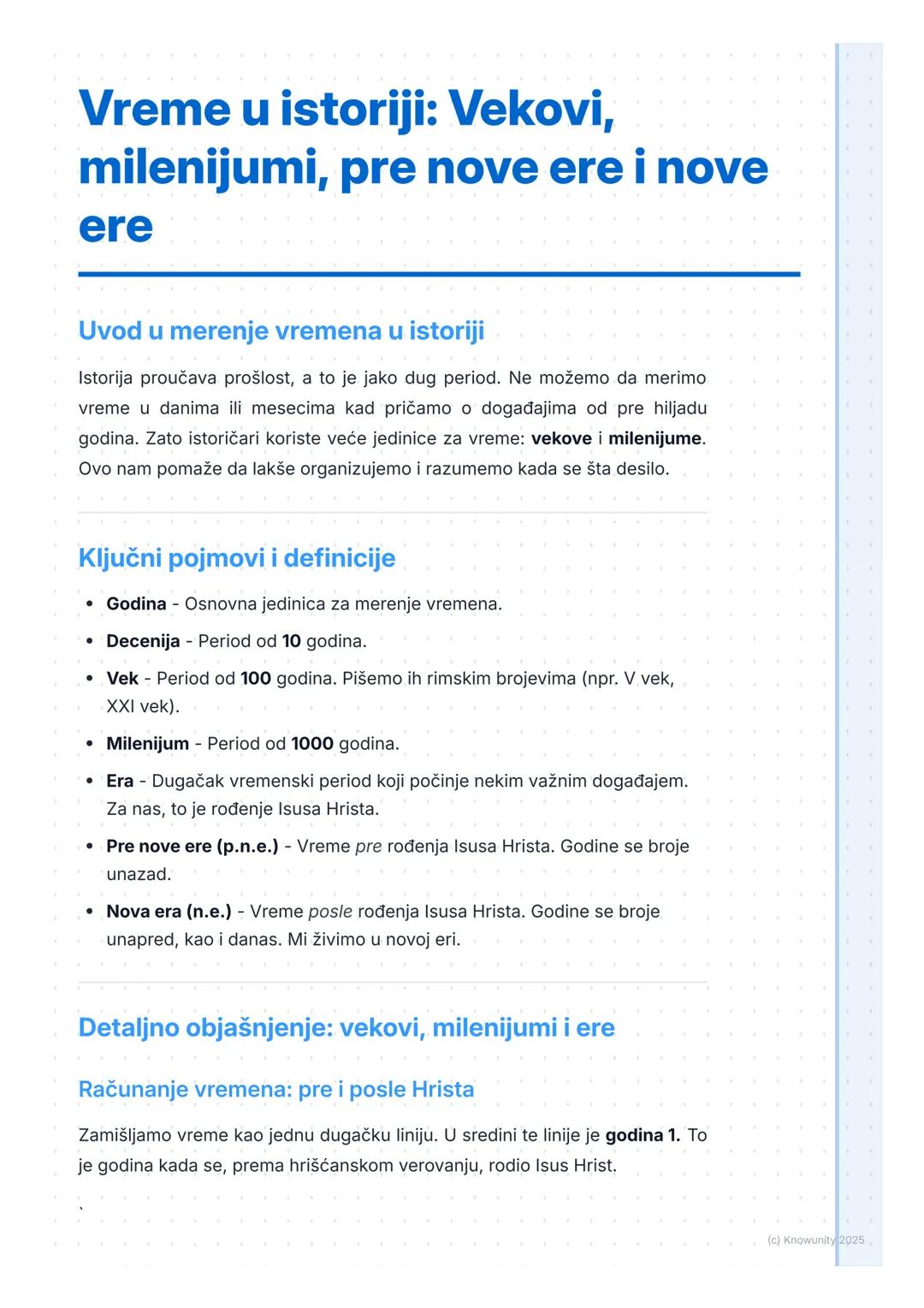# Vreme u istoriji: Vekovi,
milenijumi, pre nove ere i nove
ere

Uvod u merenje vremena u istoriji

Istorija proučava prošlost, a to je jako