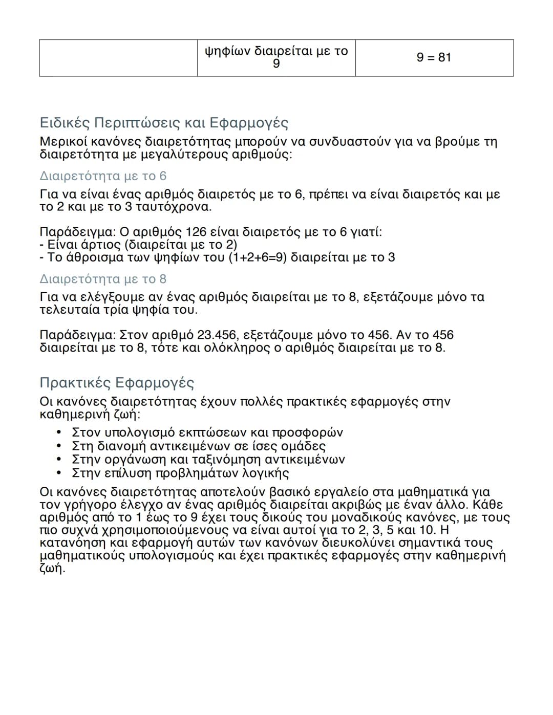 --- OCR Start ---
ψηφίων διαιρείται με το
9
9 = 81
Ειδικές Περιπτώσεις και Εφαρμογές
Μερικοί κανόνες διαιρετότητας μπορούν να συνδυαστούν γι