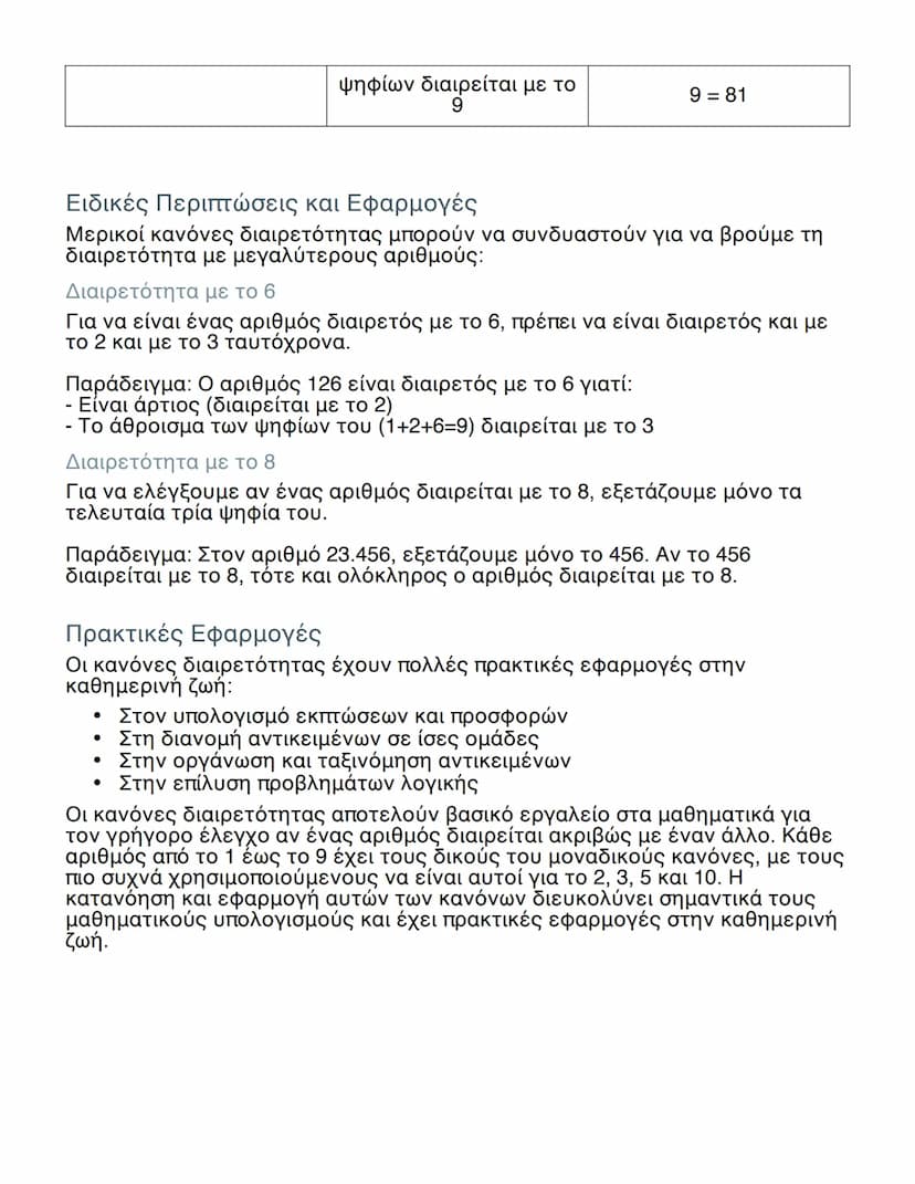 --- OCR Start ---
ψηφίων διαιρείται με το
9
9 = 81
Ειδικές Περιπτώσεις και Εφαρμογές
Μερικοί κανόνες διαιρετότητας μπορούν να συνδυαστούν γι