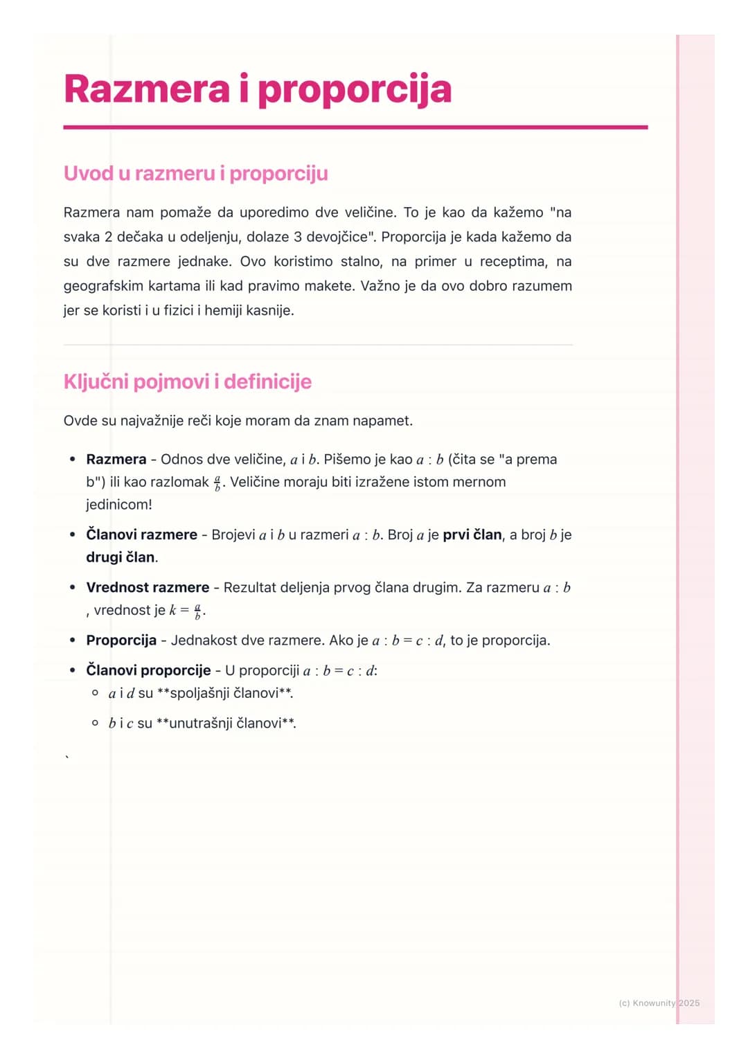 # Razmera i proporcija

Uvod u razmeru i proporciju

Razmera nam pomaže da uporedimo dve veličine. To je kao da kažemo "na
svaka 2 dečaka u 