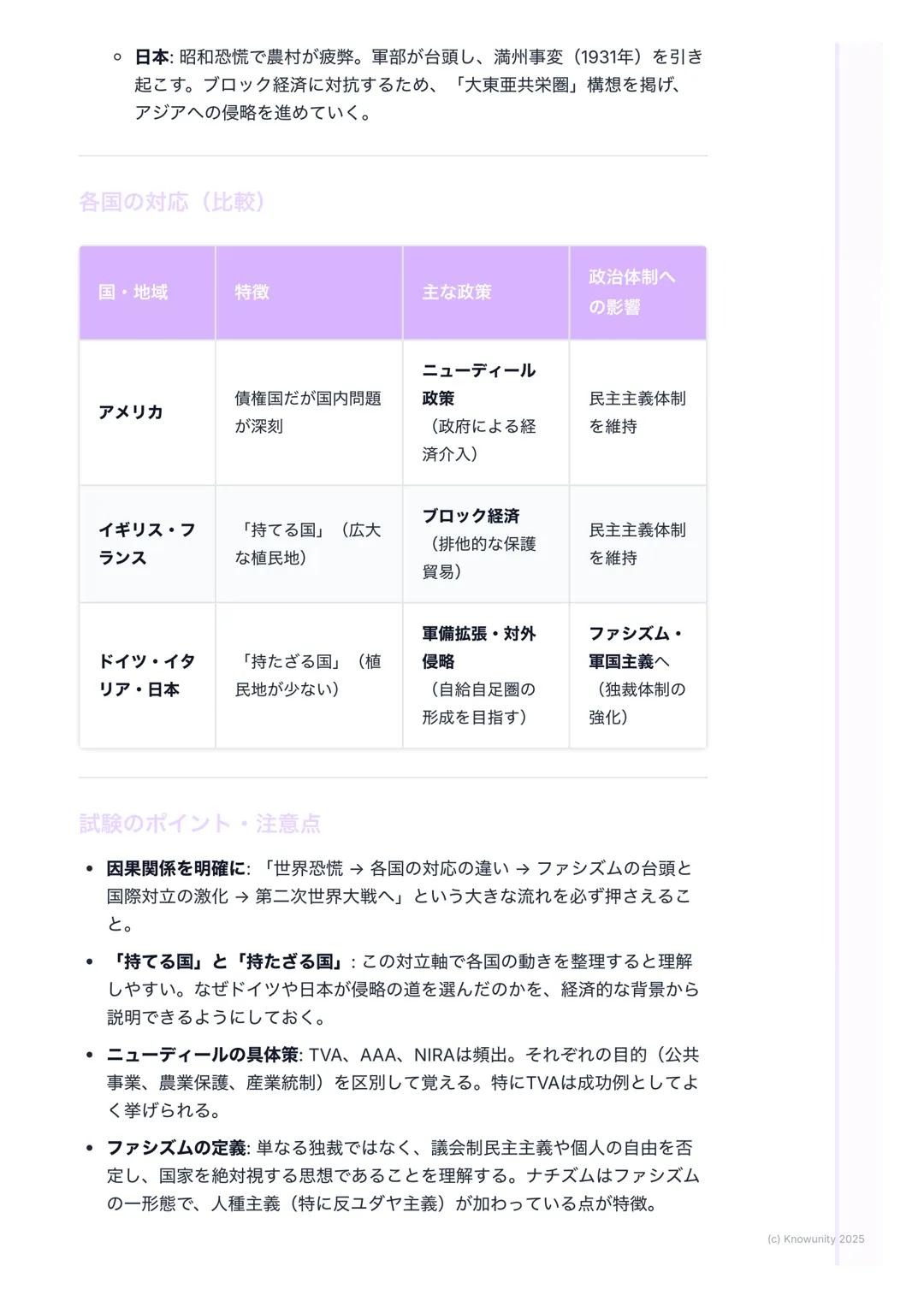 # 世界恐慌とファシズムの台頭

世界恐慌とファシズムの台頭

概要
第一次世界大戦後、アメリカ中心に一時的な好景気があったけど(「永遠の繁
栄」)、その基盤はすごく脆かった。1929年にアメリカで始まった株価大暴落
が世界恐慌に発展し、各国は深刻な経済危機に陥った。この危機への