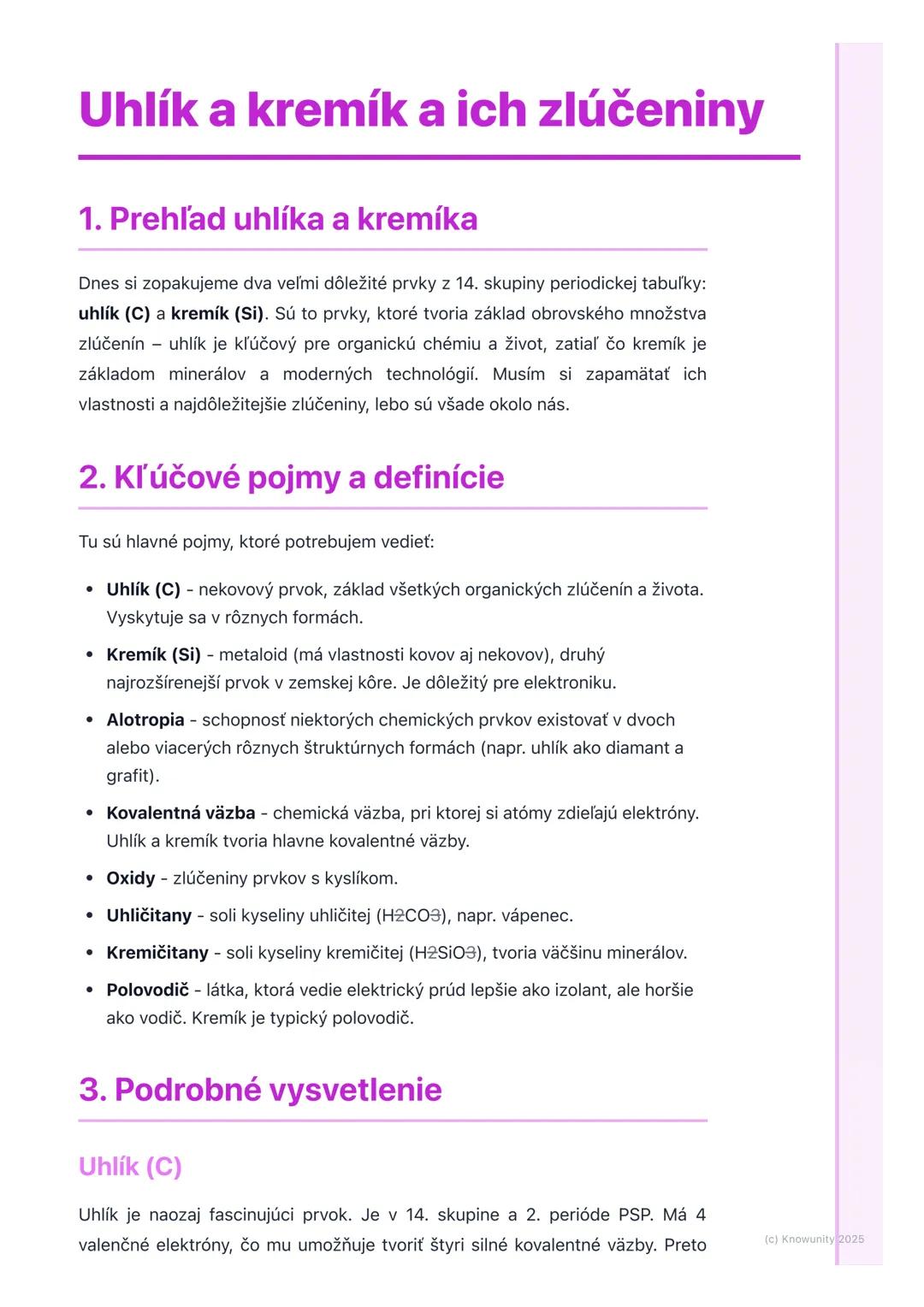 # Uhlík a kremík a ich zlúčeniny

## 1. Prehľad uhlíka a kremíka

Dnes si zopakujeme dva veľmi dôležité prvky z 14. skupiny periodickej tabu