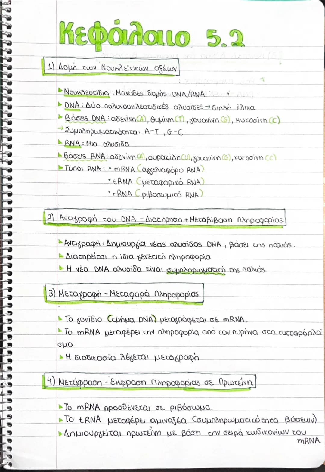 Κεφάλαιο 5.2
1) Δομή των Νουκλεϊνικών οξέων
- Νουκλεοτίδια : Μονάδες δομής DNA/RNA
- DNA: Δύο πολυνουκλεοτιδικές αλυσίδες διπλή έλικα
• Βάσε