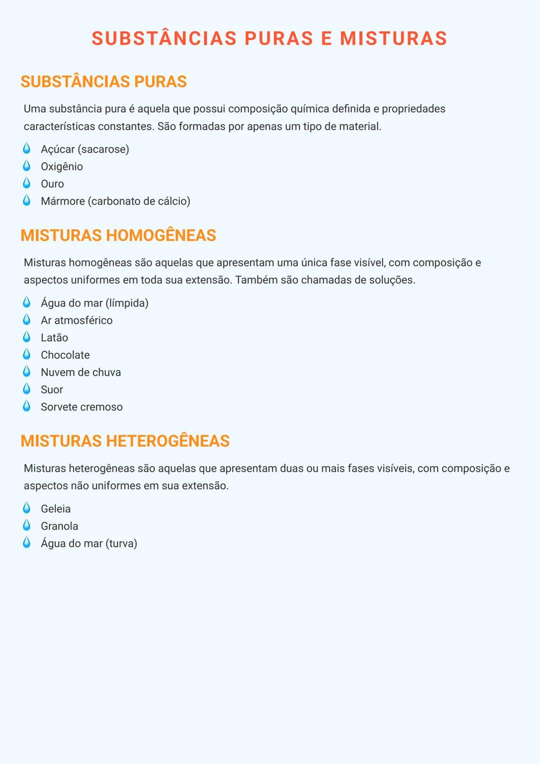 # SUBSTÂNCIAS PURAS E MISTURAS

SUBSTÂNCIAS PURAS

Uma substância pura é aquela que possui composição química definida e propriedades
caract