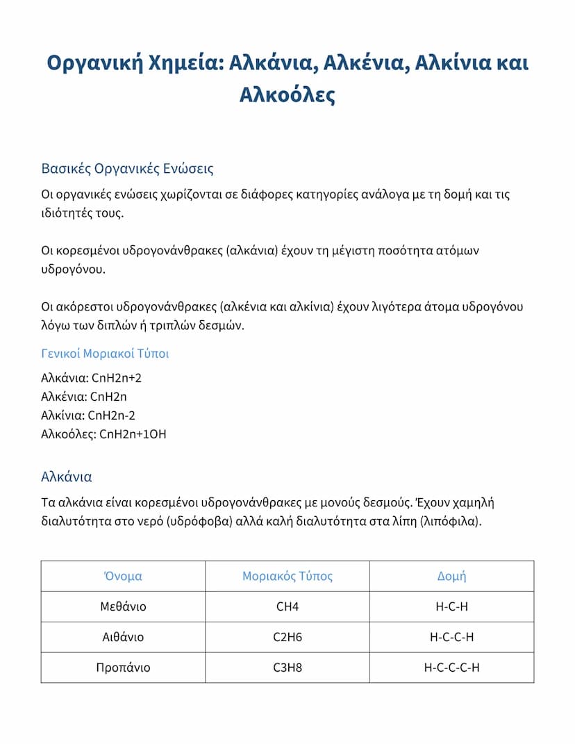 # Οργανική Χημεία: Αλκάνια, Αλκένια, Αλκίνια και
Αλκοόλες

Βασικές Οργανικές Ενώσεις
Οι οργανικές ενώσεις χωρίζονται σε διάφορες κατηγορίες 