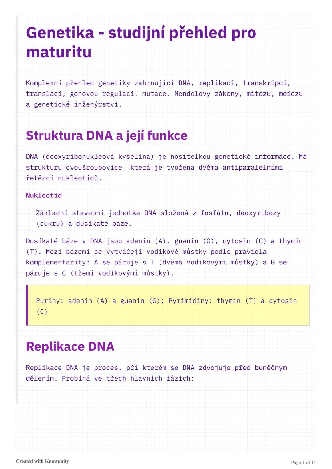Genetika - studijní přehled pro
maturitu
Komplexní přehled genetiky zahrnující DNA, replikaci, transkripci,
translaci, genovou regulaci, mut