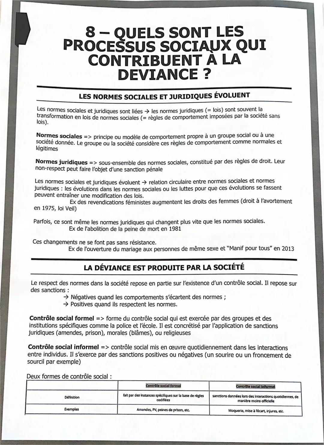 8- QUELS SONT LES
PROCESSUS SOCIAUX QUI
CONTRIBUENT À LA
DEVIANCE ?

LES NORMES SOCIALES ET JURIDIQUES ÉVOLUENT

Les normes sociales et juri
