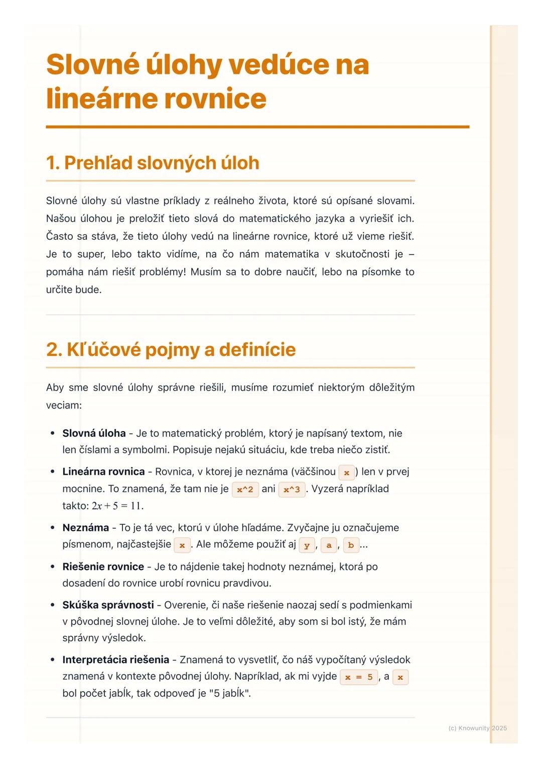 # Slovné úlohy vedúce na
lineárne rovnice

1. Prehľad slovných úloh

Slovné úlohy sú vlastne príklady z reálneho života, ktoré sú opísané sl