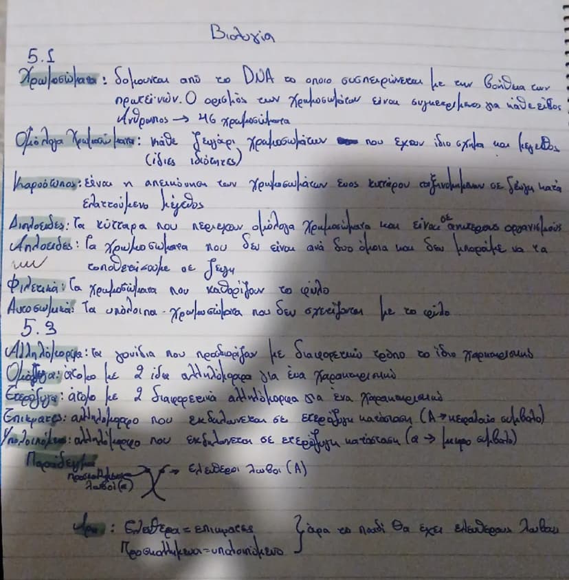 # Βιολογία

5.5

**Χρωμοσώματα**: δομείων από το DNA το οποίο συσχετίζεται με την βοήθεια των
πρωτεϊνών. Ο αριθμός των χρωμοσωμάτων είναι δι