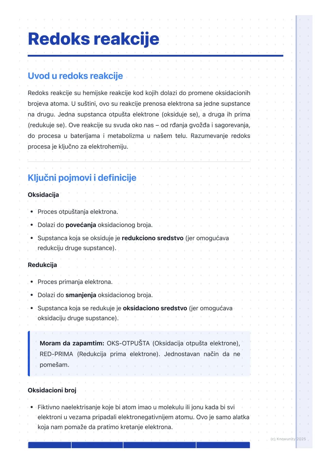 # Redoks reakcije

Uvod u redoks reakcije

Redoks reakcije su hemijske reakcije kod kojih dolazi do promene oksidacionih
brojeva atoma. U su