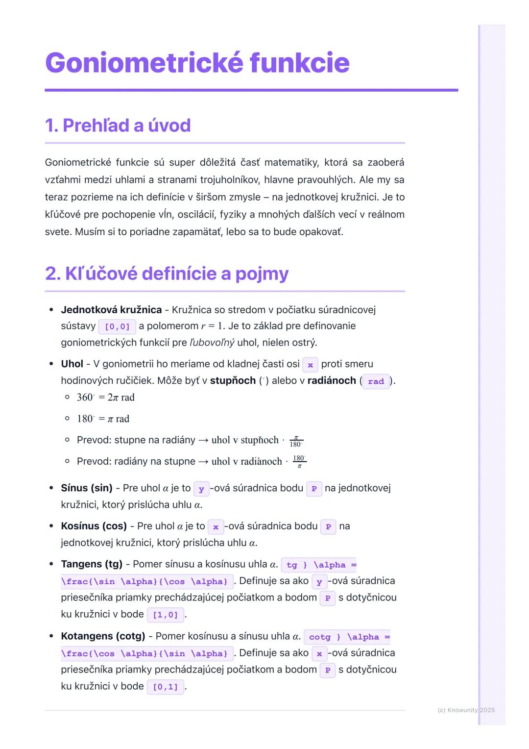 # Goniometrické funkcie

1. Prehľad a úvod

Goniometrické funkcie sú super dôležitá časť matematiky, ktorá sa zaoberá
vzťahmi medzi uhlami a