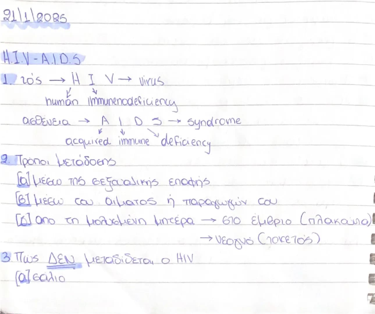 --- OCR Start ---
21\1\2025
HIV-AID.S
.2Os\rightarrow H~I~V\rightarrow virus
human Immunenodeficiency
ασθένεια → ΑΙDS → Syndrome
V
acquired 