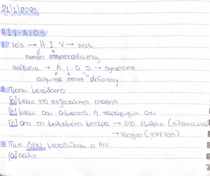 --- OCR Start ---
21\1\2025
HIV-AID.S
.2Os\rightarrow H~I~V\rightarrow virus
human Immunenodeficiency
ασθένεια → ΑΙDS → Syndrome
V
acquired 