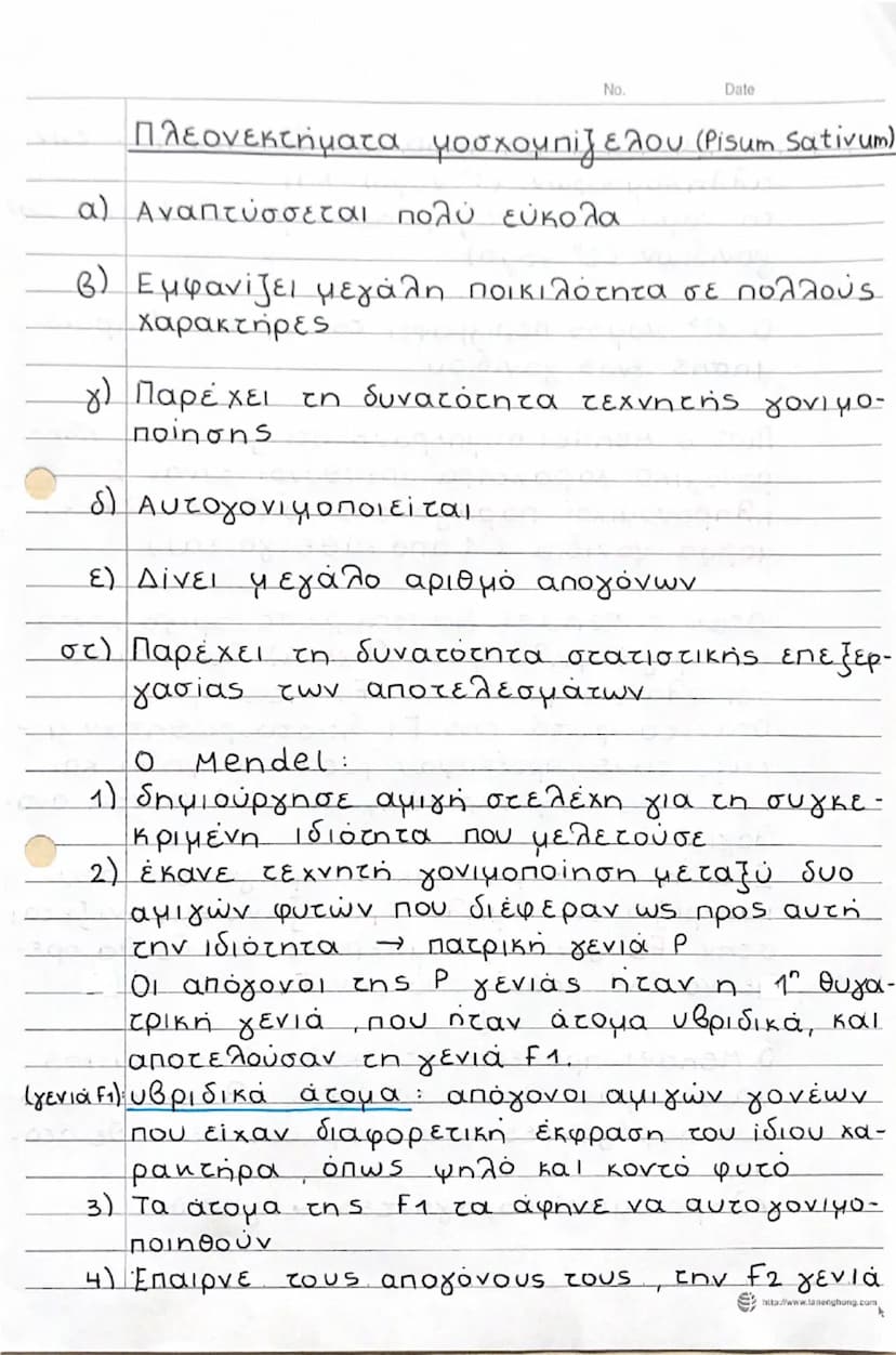 --- OCR Start ---
No.
Date
Πλεονεκτήματα μοσχομπίζελου (Pisum sativum)
α) Αναπτύσσεται πολύ εύκολα
β) Εμφανίζει μεγάλη ποικιλότητα σε πολλού