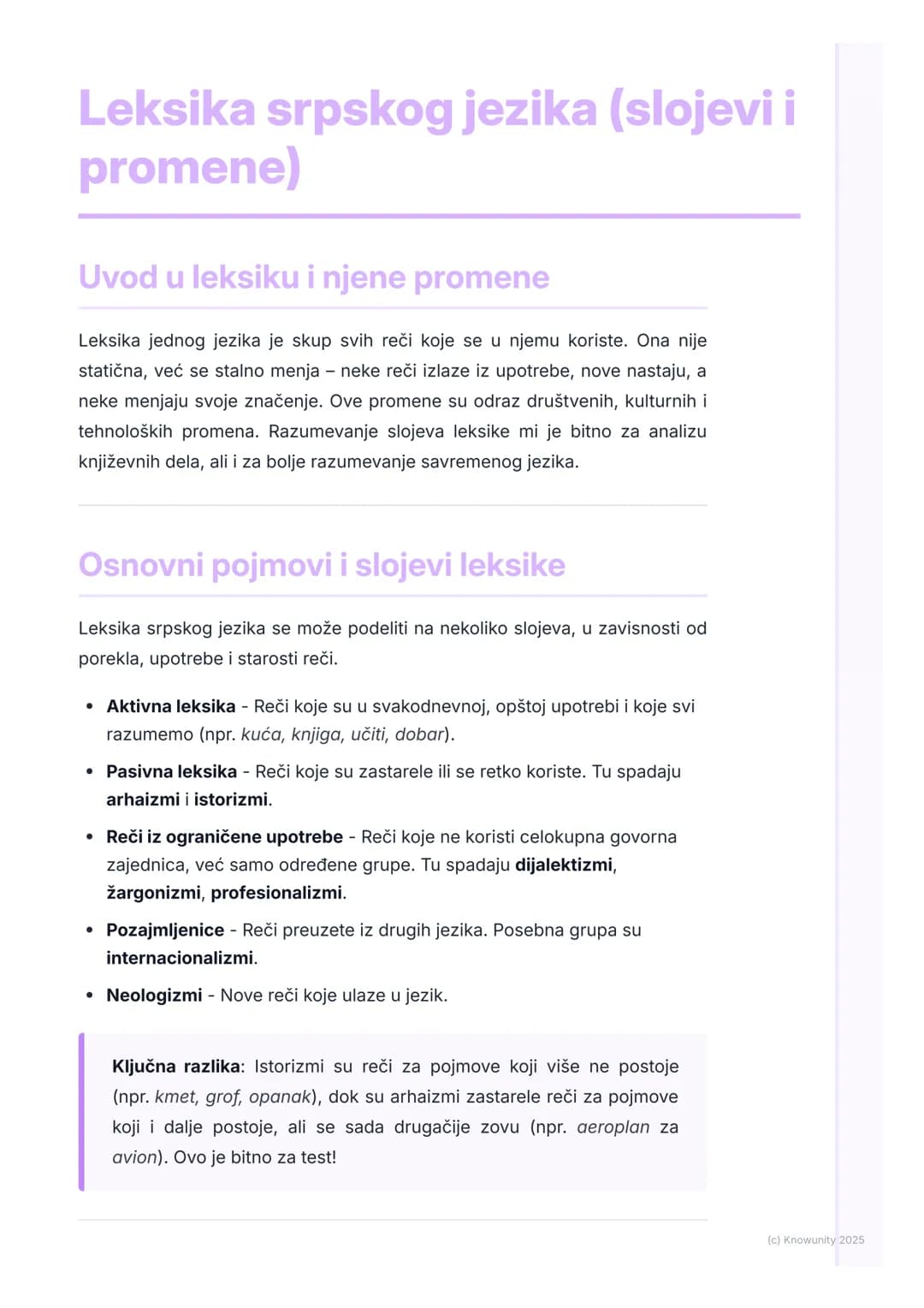 # Leksika srpskog jezika (slojevi i
promene)

Uvod u leksiku i njene promene

Leksika jednog jezika je skup svih reči koje se u njemu korist