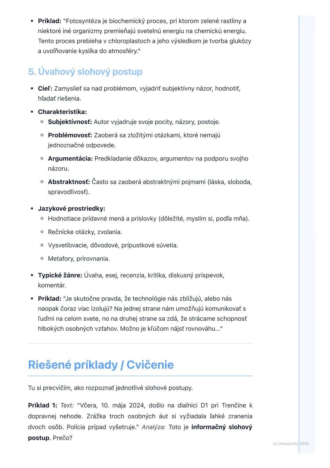 # Slohové postupy a ich využitie

## Prehľad a úvod

Slohové postupy sú základné spôsoby, akými usporadúvame a spracúvame
informácie v texte