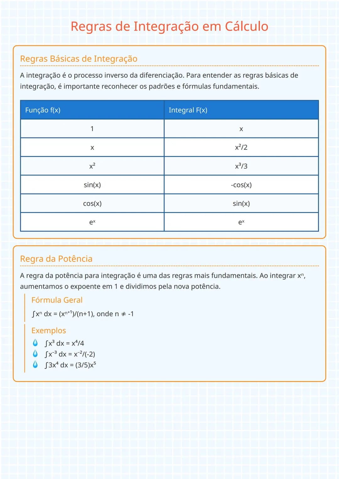 # Regras de Integração em Cálculo

Regras Básicas de Integração

A integração é o processo inverso da diferenciação. Para entender as regras