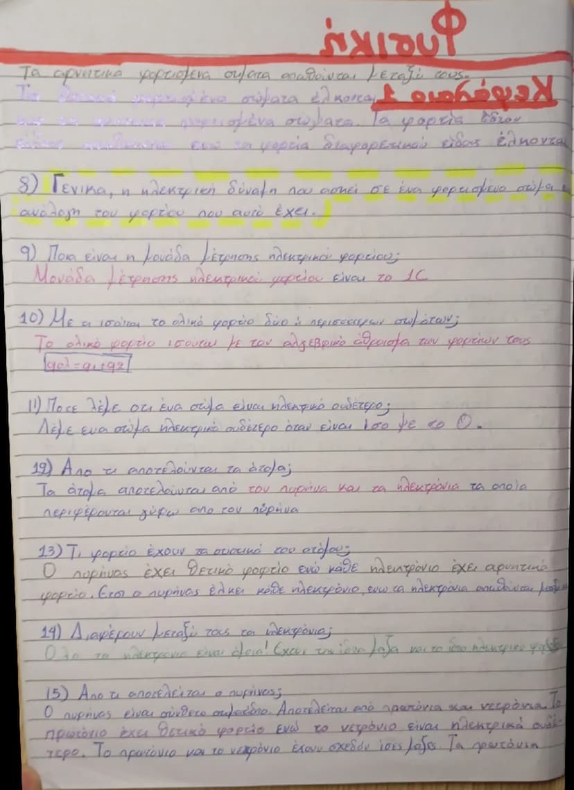 Φυσική
Κεφάλαιο 1
1) Πότε λέμε ότι ένα σώμα είναι ηλεκτρισμένο;
Λέμε ότι ένα σώμα είναι ηλεκτρισμένο όταν έχει την ιδιότητα να ασκεί
dύναμη 
