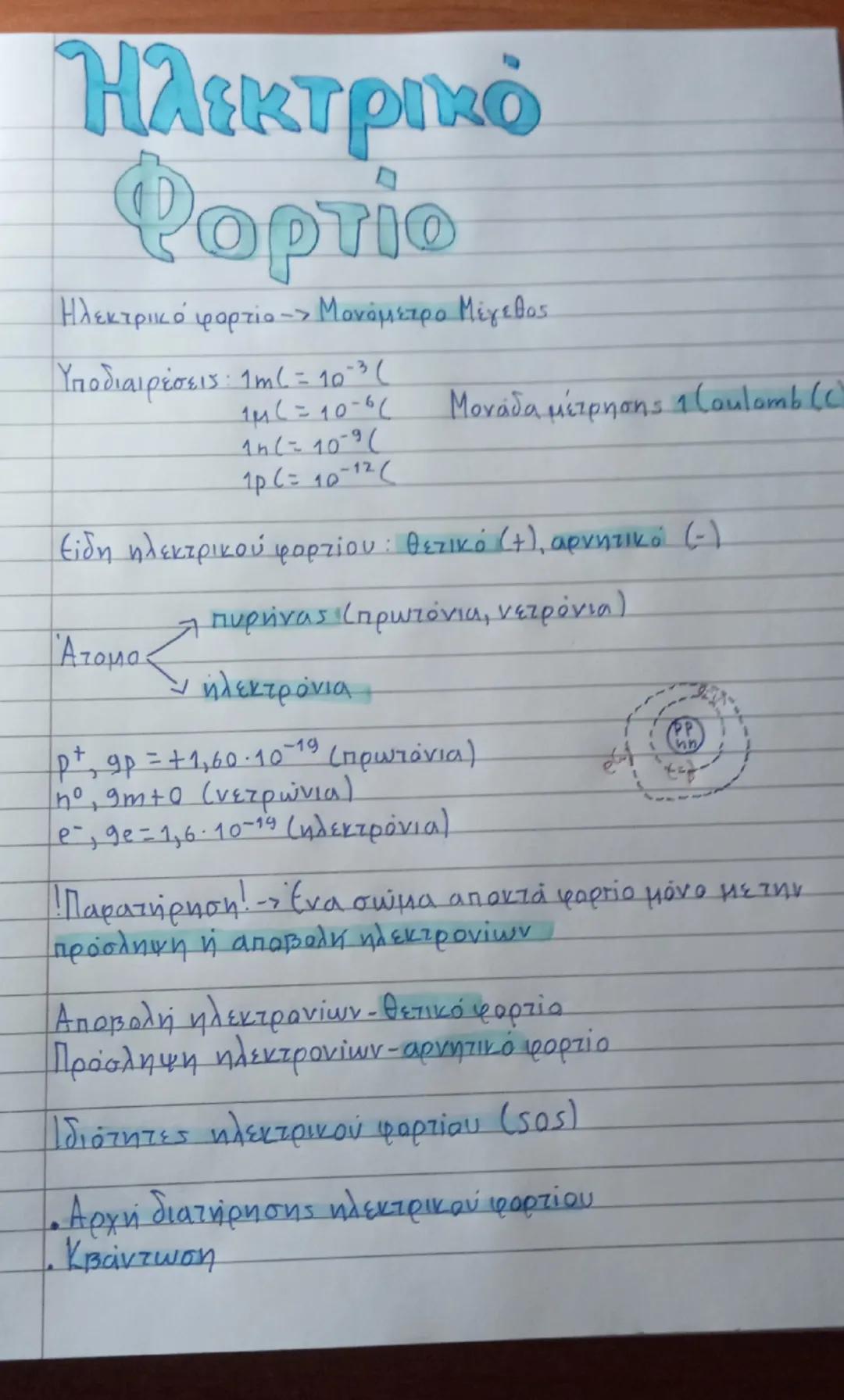 # Ηλεκτρικό

Φορτίο

Ηλεκτρικό φορτίο -- Μονόμετρο Μέγεθος

Υποδιαιρέσεις: 1m6 = 103(

1M(= 10-6(

Μονάδα μέτρησης 1 (aulamb (C

1n(=10-9(

