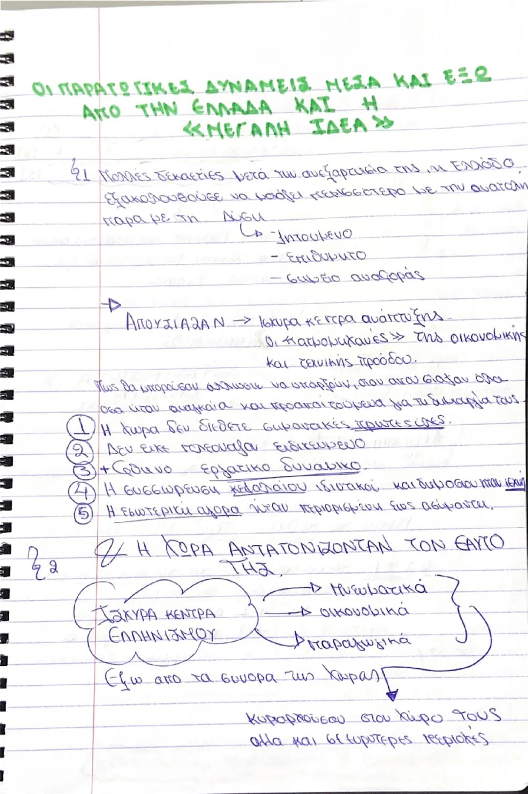 # ΟΙ ΠΑΡΑΓΩΓΙΚΕΣ ΔΥΝΑΜΕΙΣ ΜΕΣΑ ΚΑΙ ΕΞΩ
ΑΠΟ ΤΗΝ ΕΛΛΑΔΑ ΚΑΙ Η
«ΜΕΓΑΛΗ ΙΔΕΑ»

21 Πολλές δεκαετίες μετά την
ανεξαρτησία της η Ελλάδα
εξακολουθού