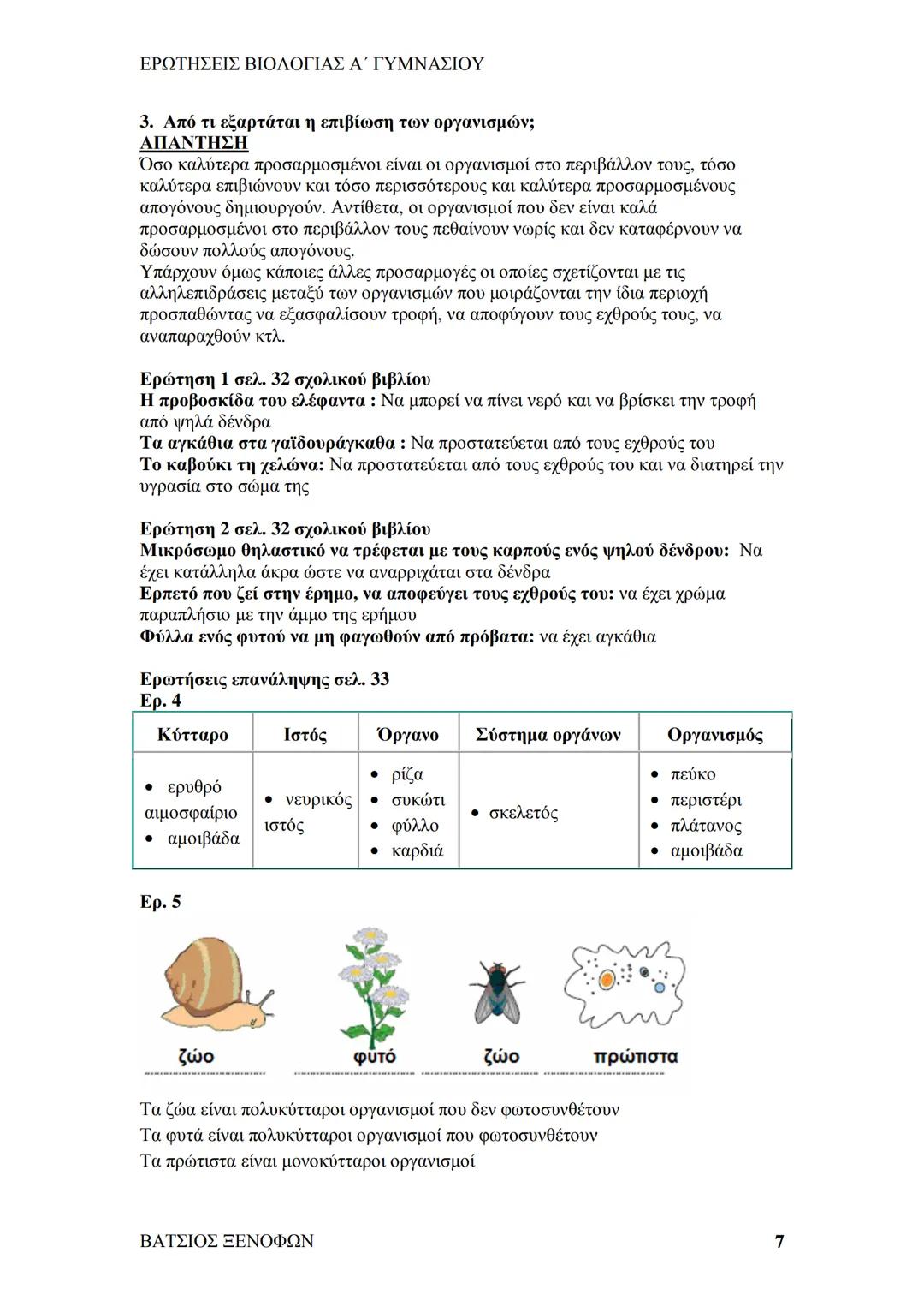 # ΕΡΩΤΗΣΕΙΣ ΒΙΟΛΟΓΙΑΣ Α΄ ΓΥΜΝΑΣΙΟΥ
# ΒΙΟΛΟΓΙΑ Α΄ ΓΥΜΝΑΣΙΟΥ
## 1ο ΚΕΦΑΛΑΙΟ
§ 1.1. Τα χαρακτηριστικά των οργανισμών
1. Ποια τα κοινά χαρακ