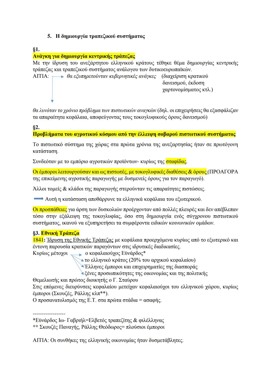 5. Η δημιουργία τραπεζικού συστήματος
§1.
Ανάγκη για δημιουργία κεντρικής τράπεζας
Με την ίδρυση του ανεξάρτητου ελληνικού κράτους τέθηκε θ