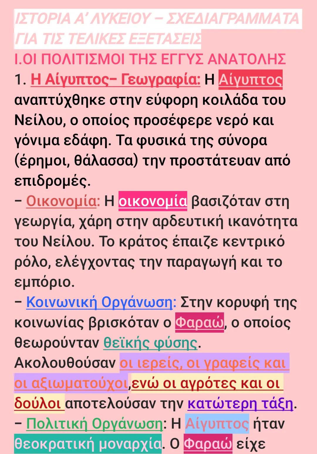ΙΣΤΟΡΙΑ Α΄ ΛΥΚΕΙΟΥ – ΣΧΕΔΙΑΓΡΑΜΜΑΤΑ
ΓΙΑ ΤΙΣ ΤΕΛΙΚΕΣ ΕΞΕΤΑΣΕΙΣ
Ι.ΟΙ ΠΟΛΙΤΙΣΜΟΙ ΤΗΣ ΕΓΓΥΣ ΑΝΑΤΟΛΗΣ
1. Η Αίγυπτος- Γεωγραφία: Η Αίγυπτος
αναπτύ