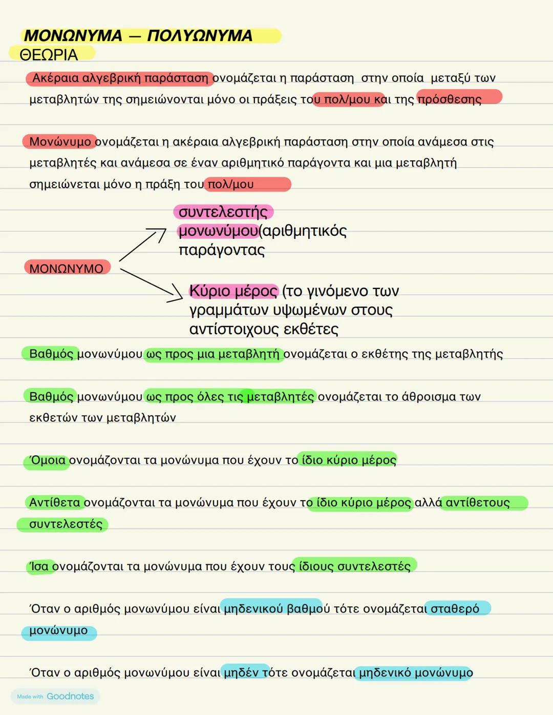 Θεωρία μαθηματικών μονωνύμων και πολυωνύμων