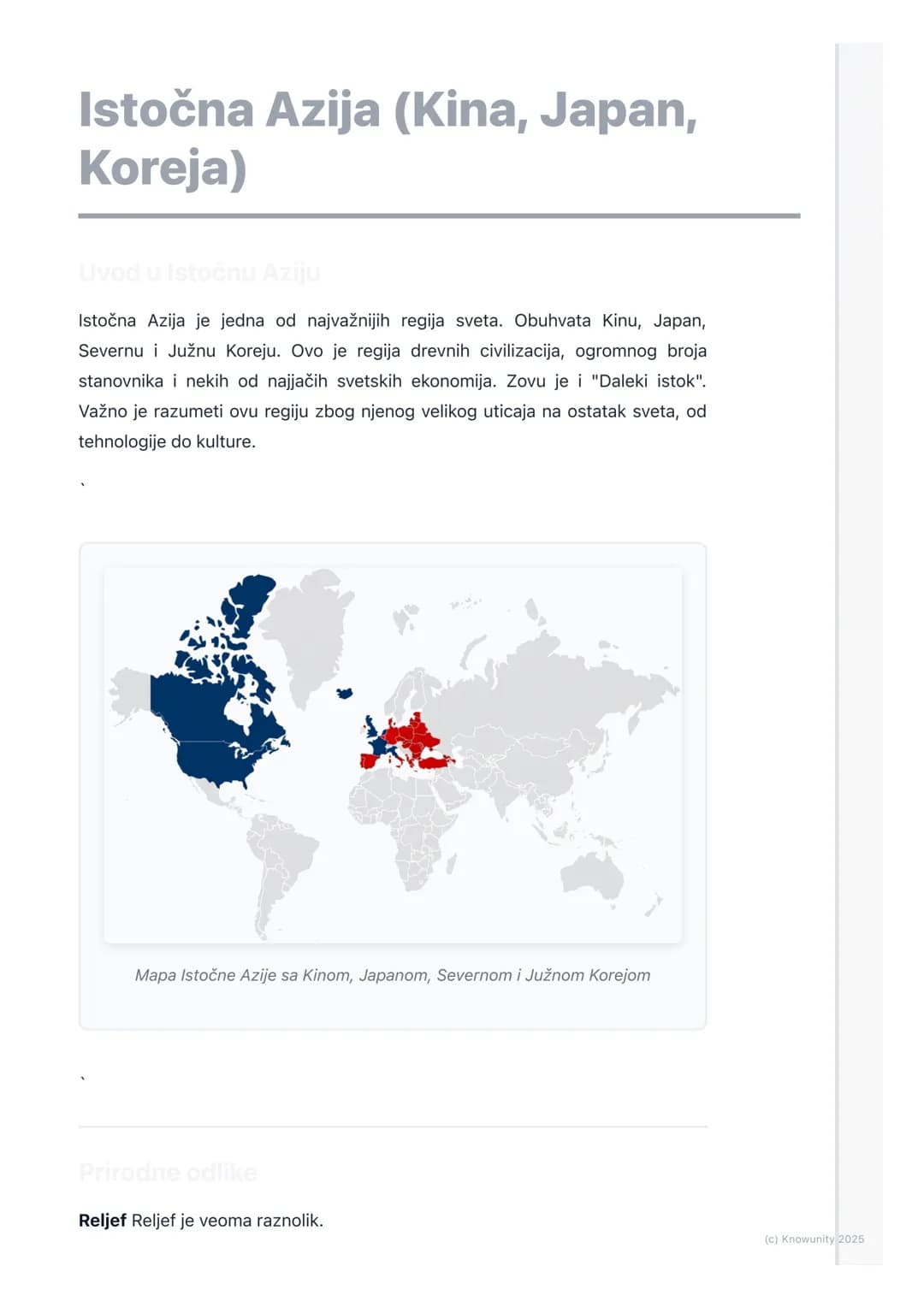 # Istočna Azija (Kina, Japan,
Koreja)
Uvod u Istočnu Aziju
Istočna Azija je jedna od najvažnijih regija sveta. Obuhvata Kinu, Japan,
Sever