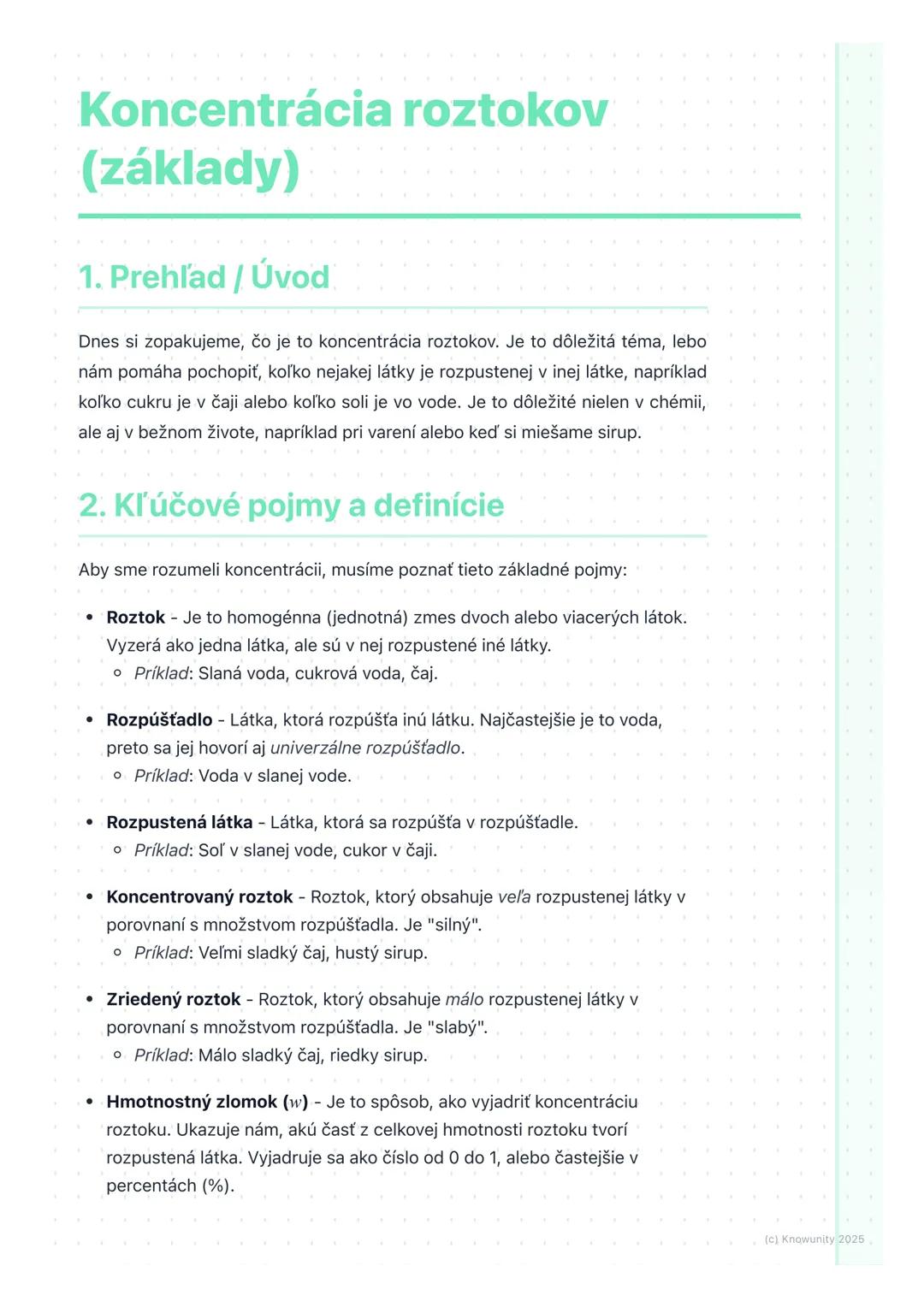 # Koncentrácia roztokov
(základy)
1. Prehľad / Úvod
Dnes si zopakujeme, čo je to koncentrácia roztokov. Je to dôležitá téma, lebo
nám pomá
