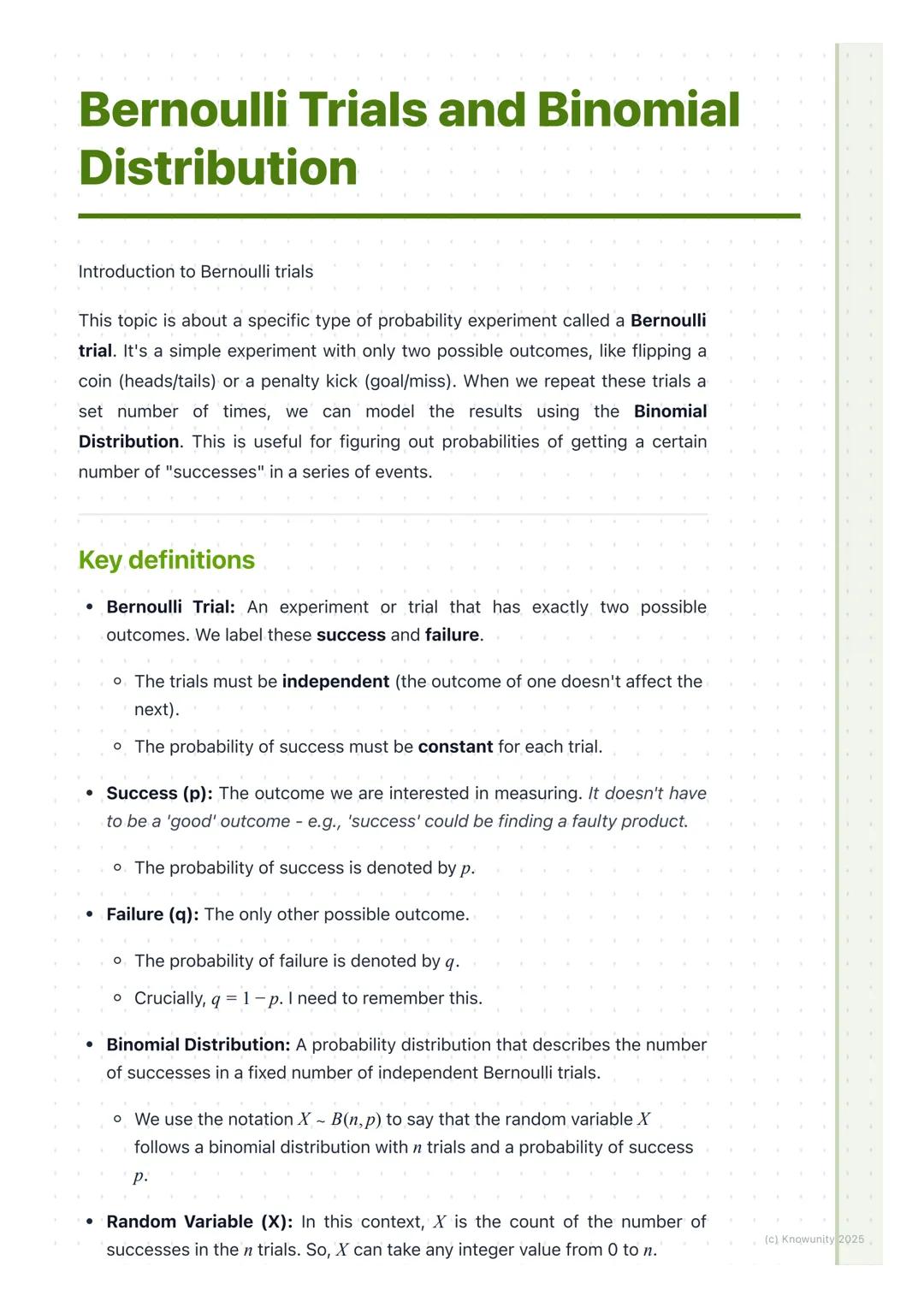 # Bernoulli Trials and Binomial
Distribution
Introduction to Bernoulli trials
This topic is about a specific type of probability experimen