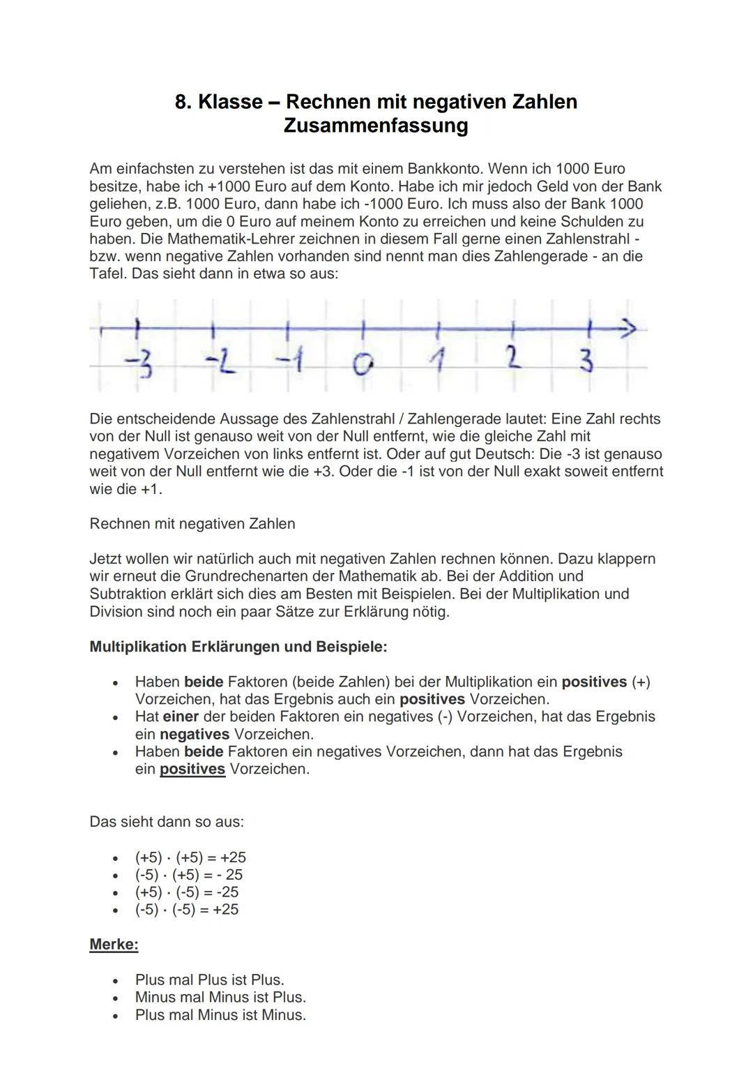 # 8. Klasse - Rechnen mit negativen Zahlen
Zusammenfassung
Am einfachsten zu verstehen ist das mit einem Bankkonto. Wenn ich 1000 Euro
besi