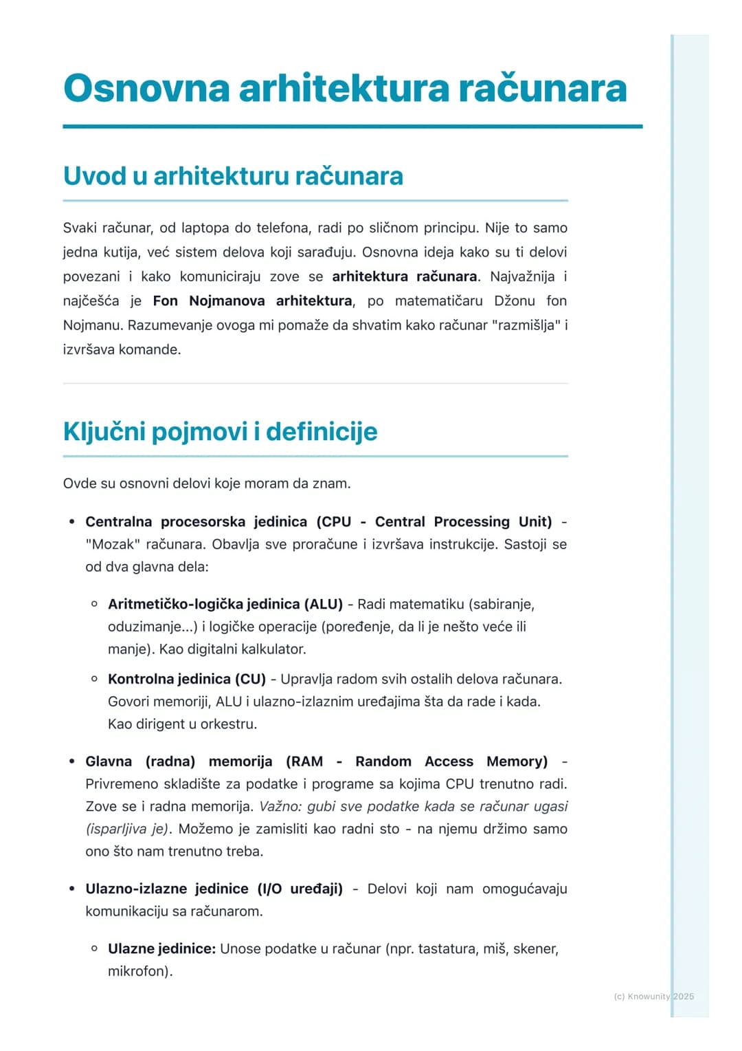 # Osnovna arhitektura računara
## Uvod u arhitekturu računara
Svaki računar, od laptopa do telefona, radi po sličnom principu. Nije to sam