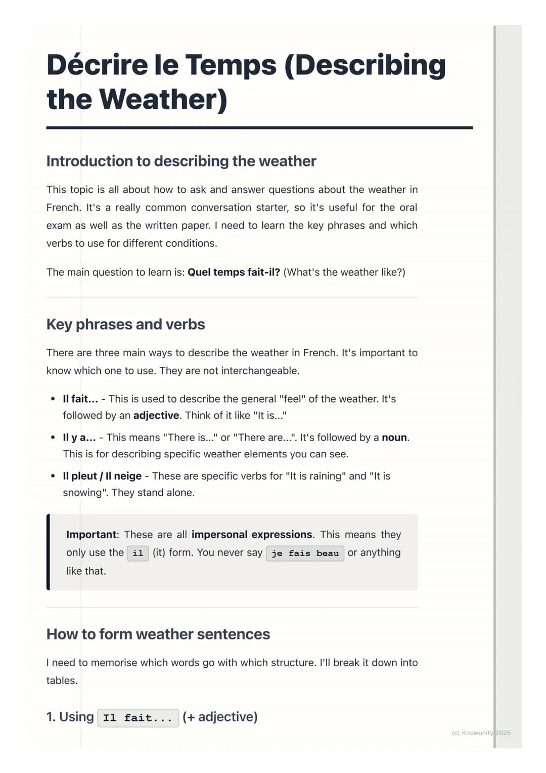 # Décrire le Temps (Describing
the Weather)
Introduction to describing the weather
This topic is all about how to ask and answer questions