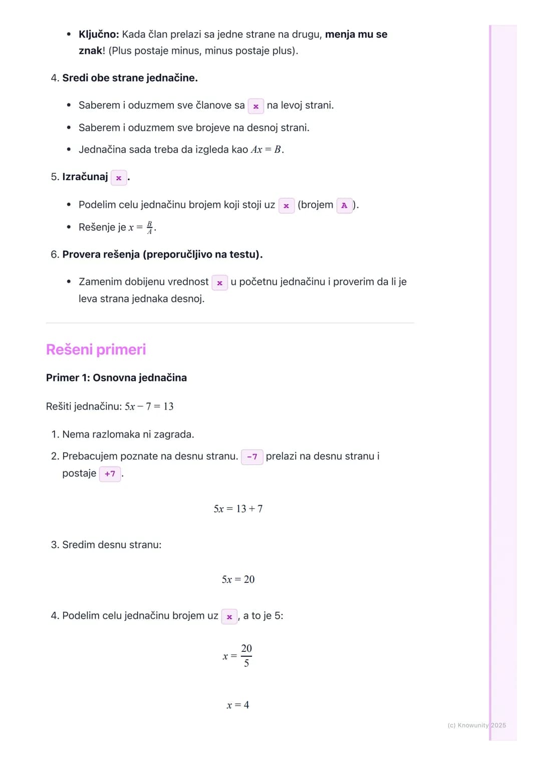 # Linearne jednačine sa jednom
nepoznatom
Uvod u linearne jednačine
Linearne jednačine su kao zagonetke gde treba da pronađemo vrednost
ne