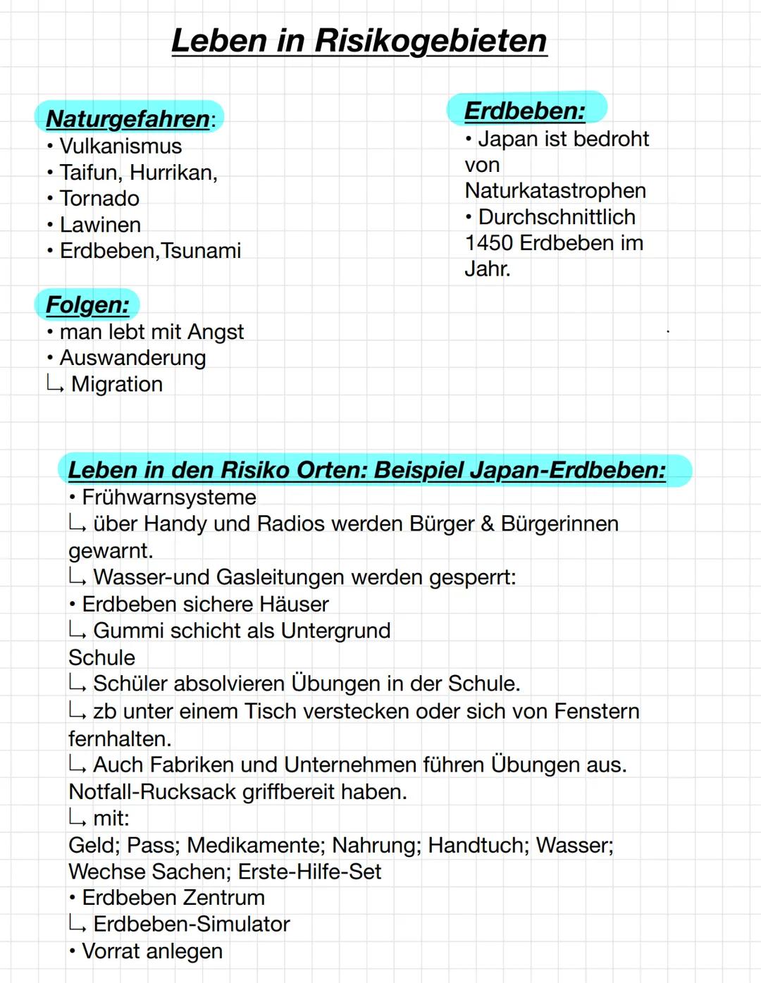 # Leben in Risikogebieten
Naturgefahren:
* Vulkanismus
* Taifun, Hurrikan,
* Tornado
* Lawinen
* Erdbeben, Tsunami
Folgen:
* man lebt mit