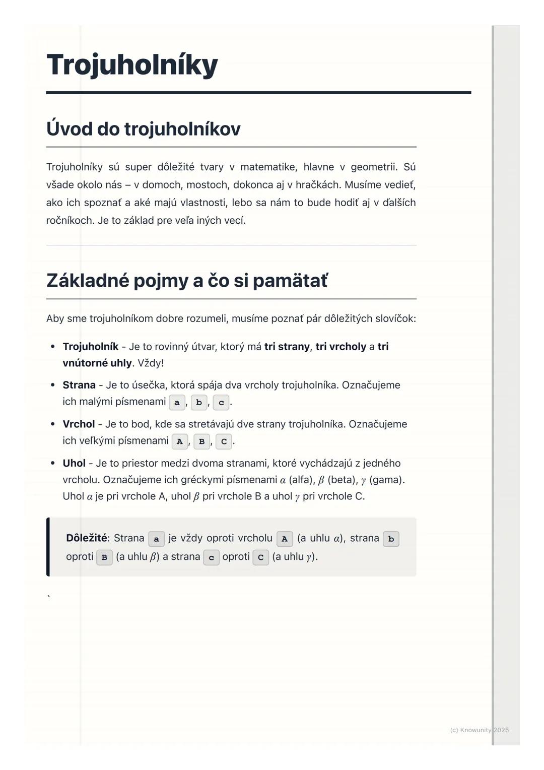 # Trojuholníky
## Úvod do trojuholníkov
Trojuholníky sú super dôležité tvary v matematike, hlavne v geometrii. Sú
všade okolo nás v domoch