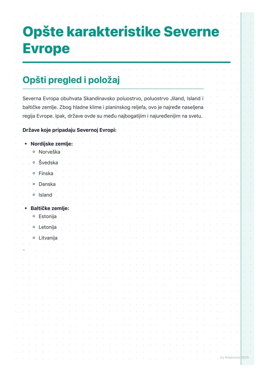 # Opšte karakteristike Severne
Evrope
Opšti pregled i položaj
Severna Evropa obuhvata Skandinavsko poluostrvo, poluostrvo Jiland, Island i