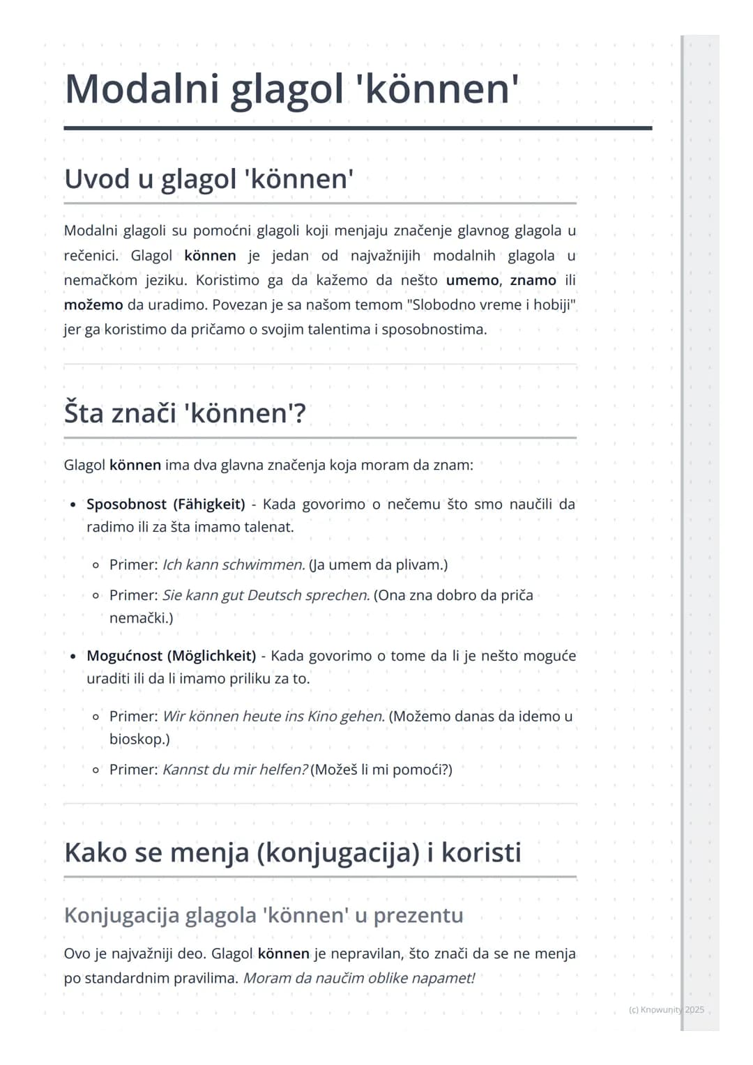 # Modalni glagol 'können'
## Uvod u glagol 'können'
Modalni glagoli su pomoćni glagoli koji menjaju značenje glavnog glagola u
rečenici. G