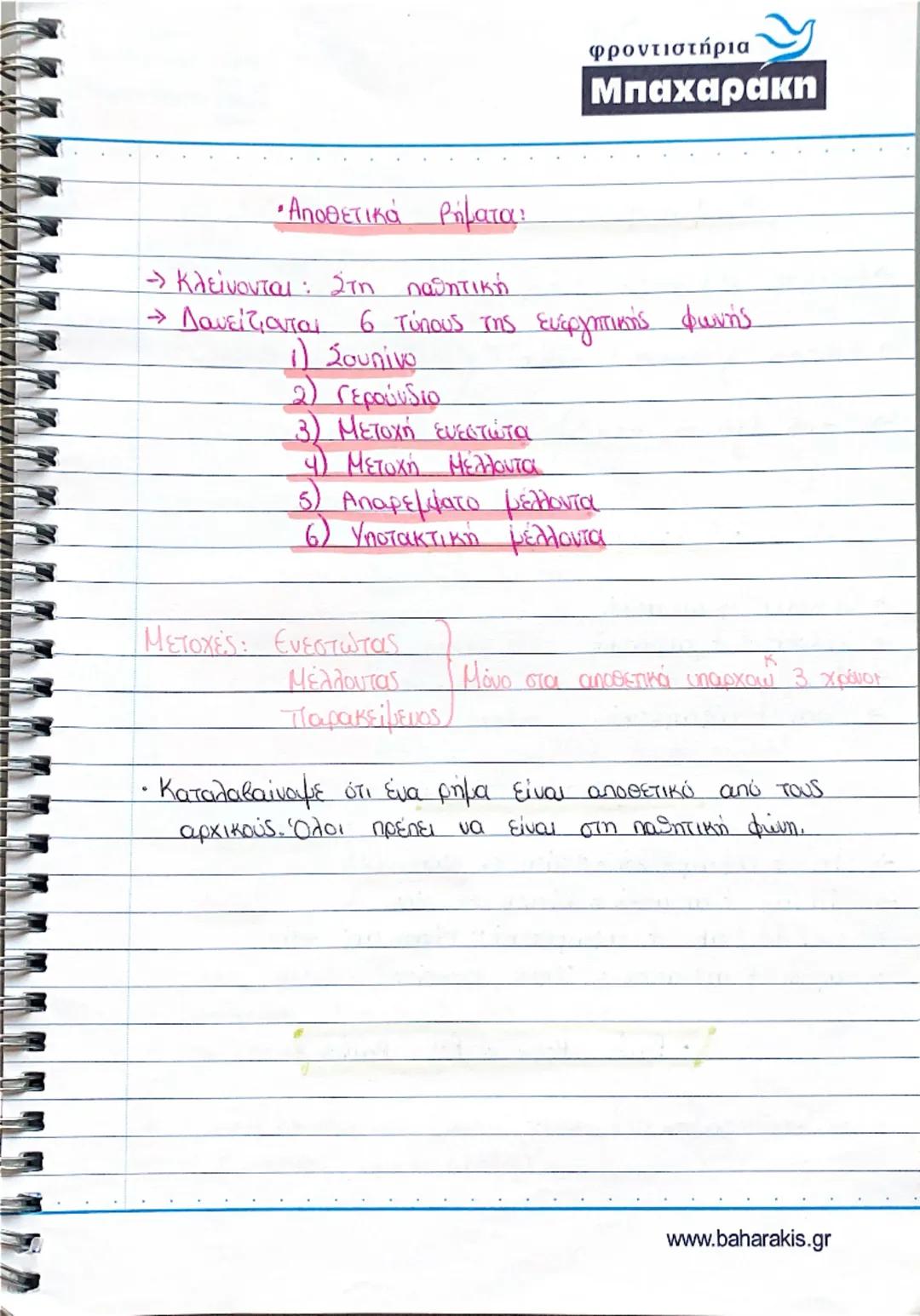 φροντιστήρια
Μπαχαρακη
• Μετοχές : Ευεργητική φωνή:
- Ενεστώτας: 1η + 2η συζυγία, θέμα ενεστώτα τής
n.x. amd-ns , delens
(→)3η + 3η* +ψη συζ