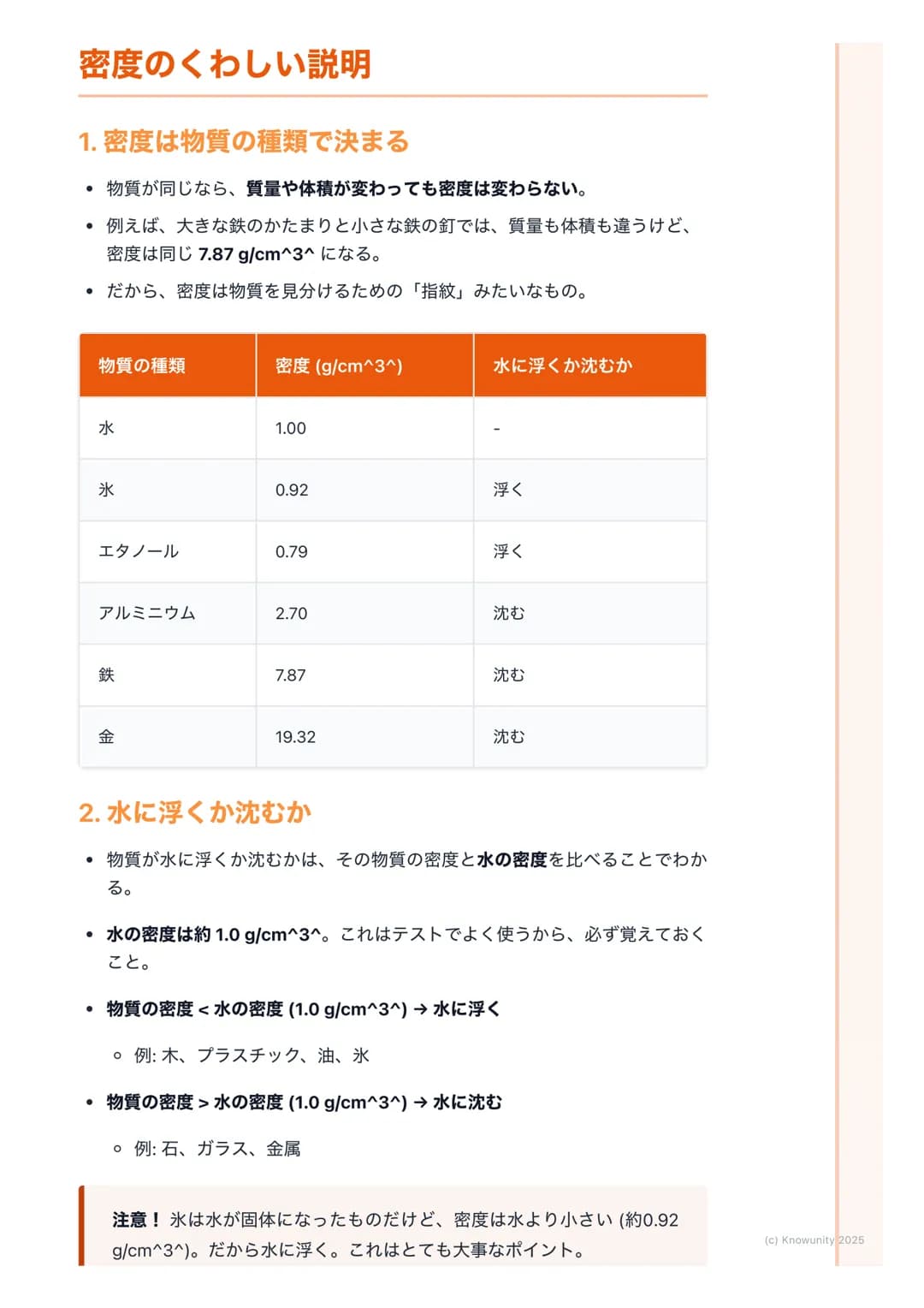 # 密度
## 密度について
同じ大きさでも、物質によって重さがちがうのはなぜだろう? 例えば、同じ体
積の発泡スチロールと鉄では、鉄のほうがずっと重い。これは、物質の「つみ
ぐあい」がちがうから。この物質そのものの混みぐあいを密度という。密度を
調べると、その物質が何である