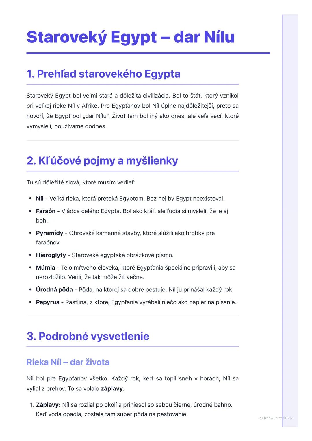 # Staroveký Egypt – dar Nílu
1. Prehľad starovekého Egypta
Staroveký Egypt bol veľmi stará a dôležitá civilizácia. Bol to štát, ktorý vzni