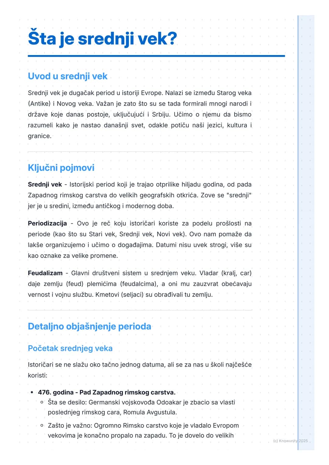# Šta je srednji vek?
Uvod u srednji vek
Srednji vek je dugačak period u istoriji Evrope. Nalazi se između Starog veka
(Antike) i Novog ve