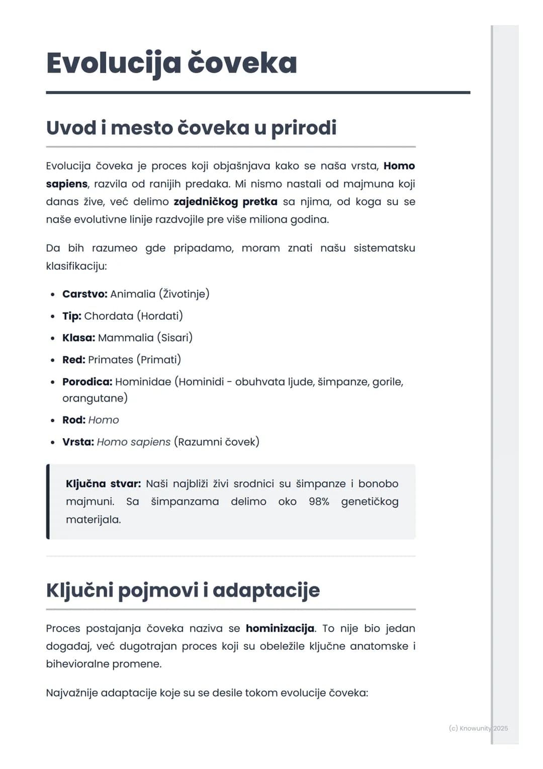 # Evolucija čoveka
## Uvod i mesto čoveka u prirodi
Evolucija čoveka je proces koji objašnjava kako se naša vrsta, Homo
sapiens, razvila o