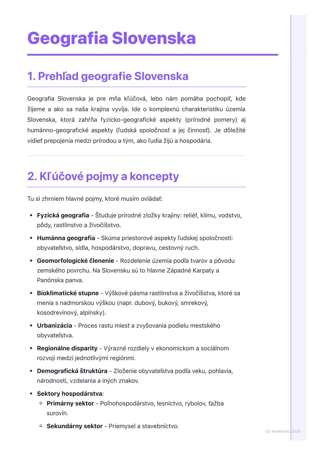 # Geografia Slovenska
## 1. Prehľad geografie Slovenska
Geografia Slovenska je pre mňa kľúčová, lebo nám pomáha pochopiť, kde
žijeme a ako