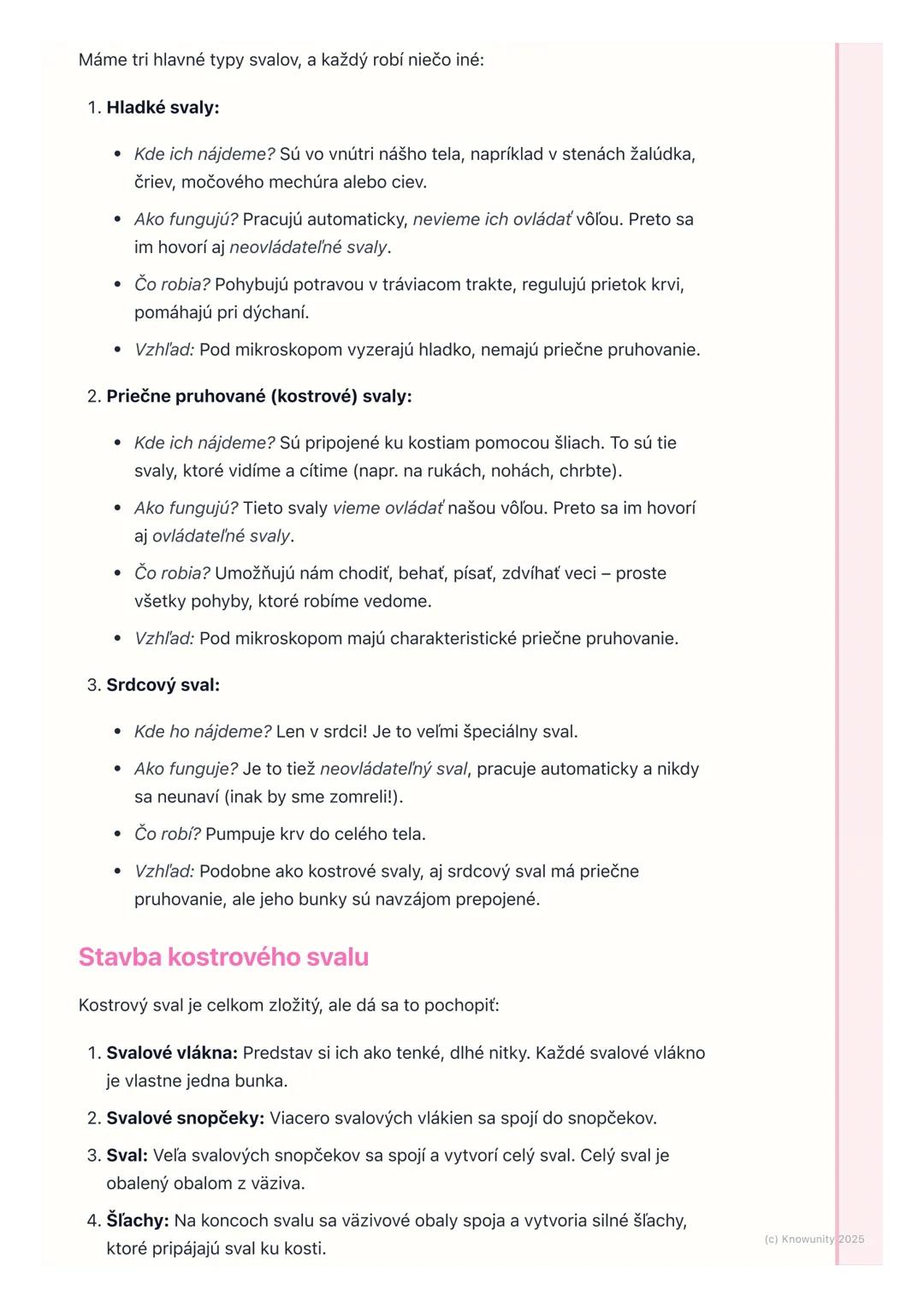 # Svaly a ich činnosť
1. Prehľad / Úvod
Svaly sú super dôležitá časť nášho tela. Spolu s kosťami tvoria opornú a
pohybovú sústavu, ktorá n