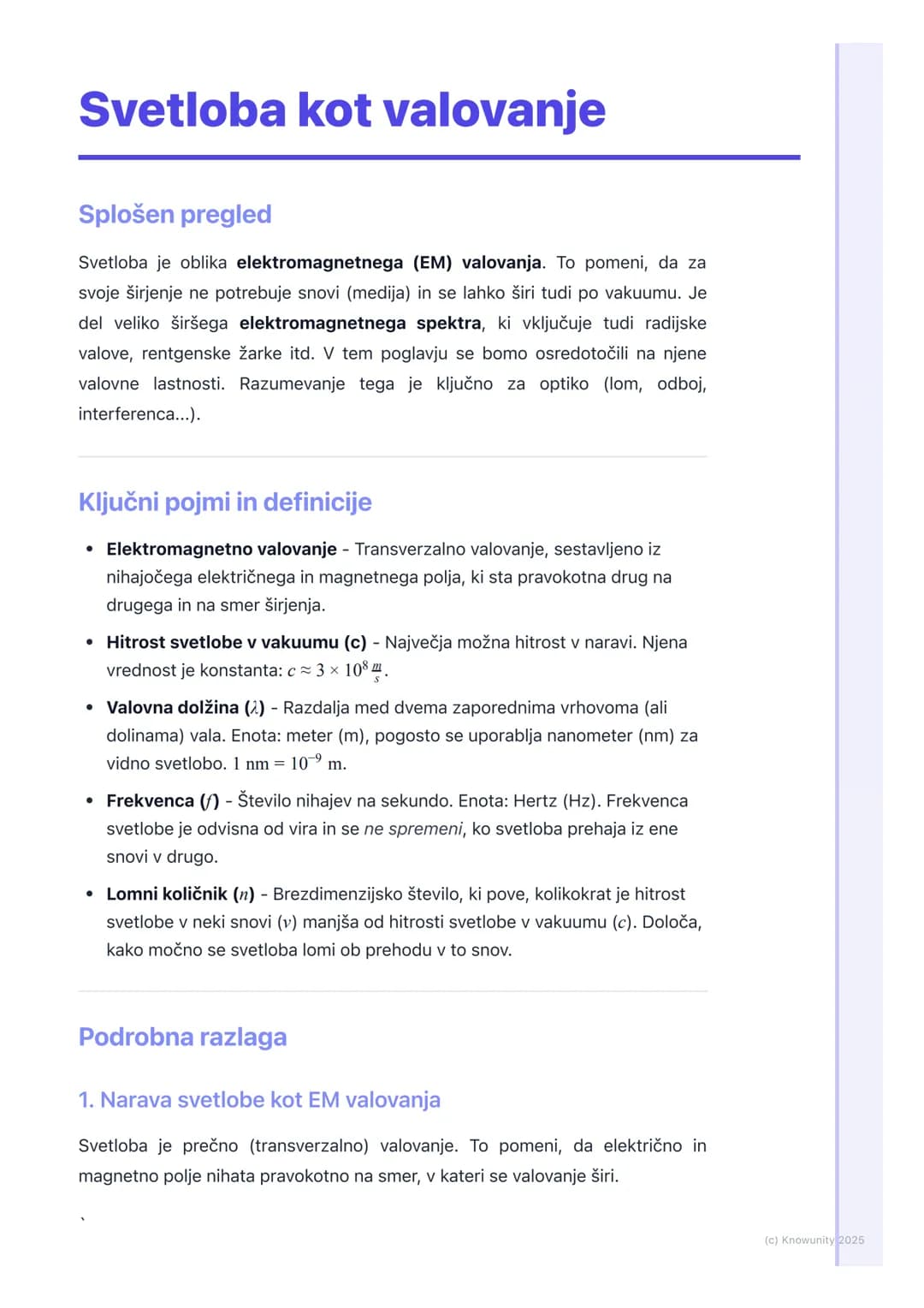 # Svetloba kot valovanje
Splošen pregled
Svetloba je oblika elektromagnetnega (EM) valovanja. To pomeni, da za
svoje širjenje ne potrebuje